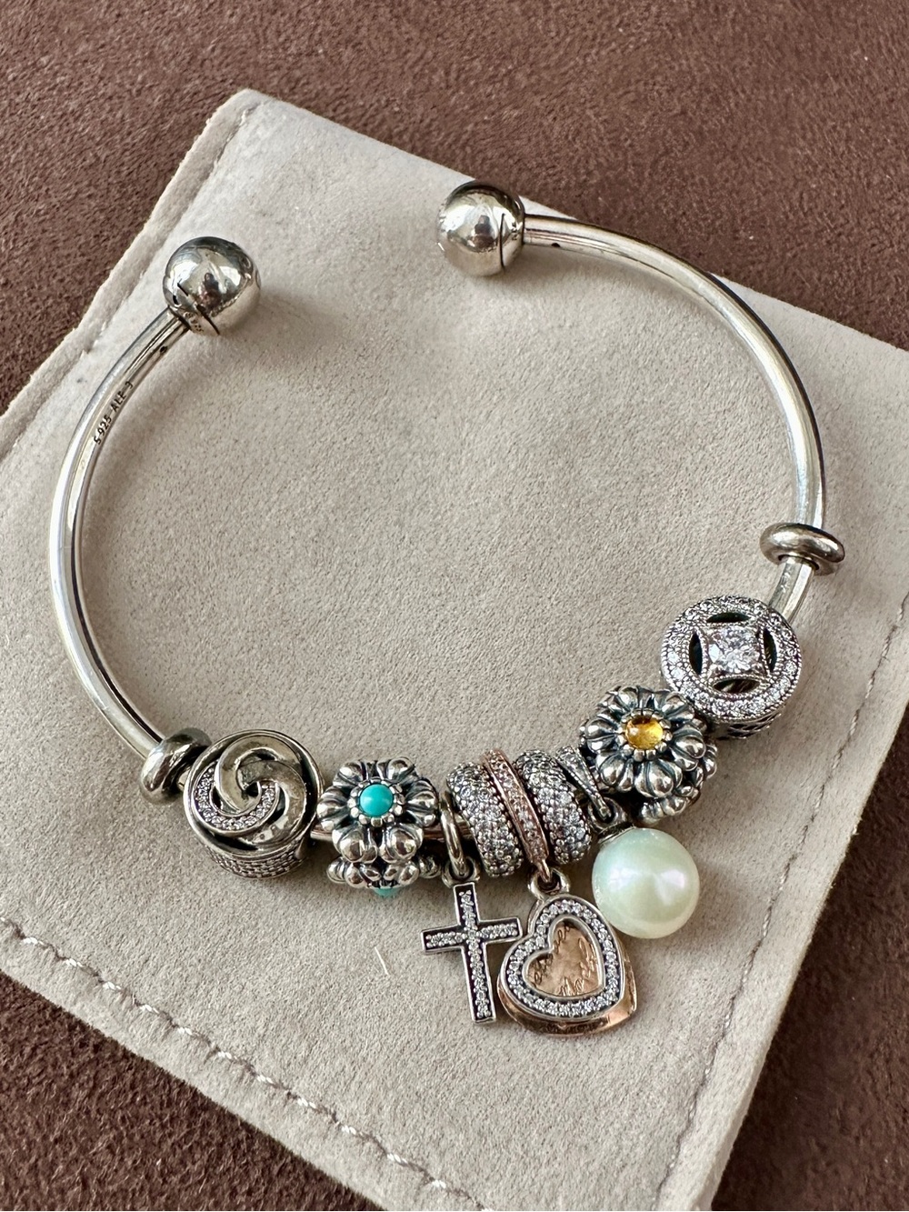 Pandora Sterling Silver Charm Bangle Bracelet with 7 charms and 2 spacers